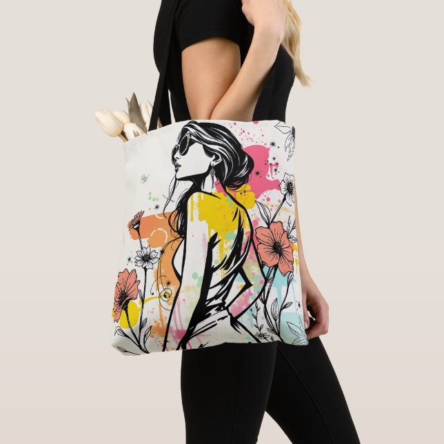 Tote Bag Urban Bloom: Double-Sided Graffiti & Botanical Art (De près)