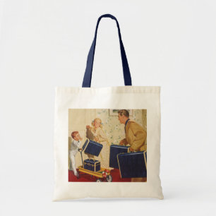 Tote Bag Vacances en famille vintage, papa, enfants et vali