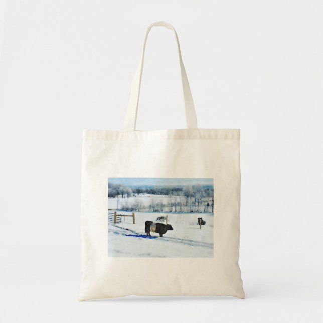 Tote Bag Vache blanche à ceinture neigeuse en aquarelle de  (Devant)