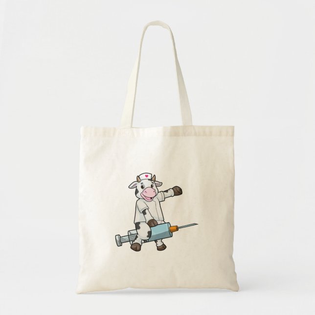 Tote Bag Vache comme infirmière avec coeur et seringue (Devant)