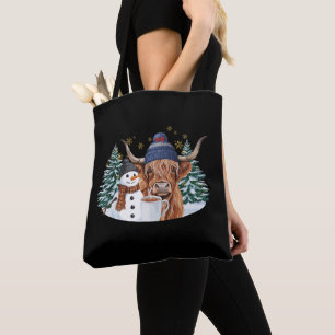 Tote Bag Vache des Highlands Bonhomme de neige Cacao chaud 