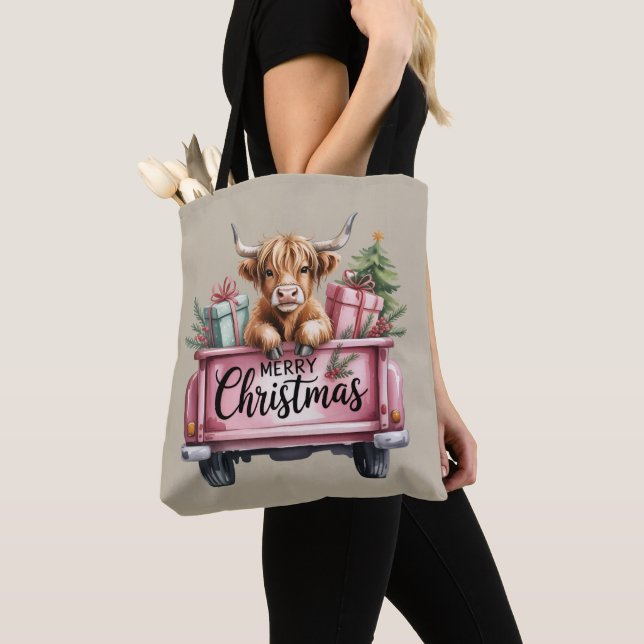 Tote Bag Vache écossaise rose Noël Fille Vache Fluffy Dans  (De près)