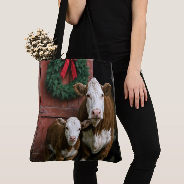 Tote Bag Vache et veau Hereford de Noël (De près)
