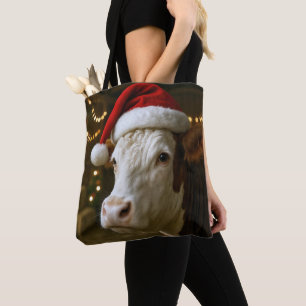 Tote Bag Vache Hereford de Noël portant un chapeau de Père