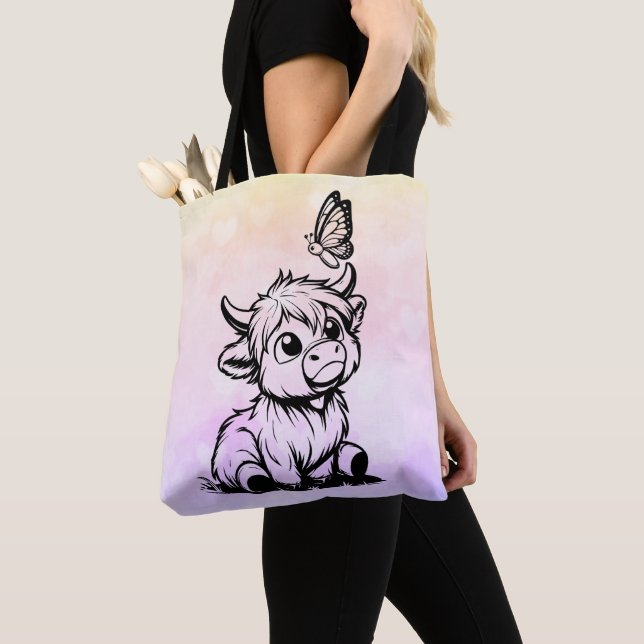 Tote Bag Vache Highland avec papillon (De près)