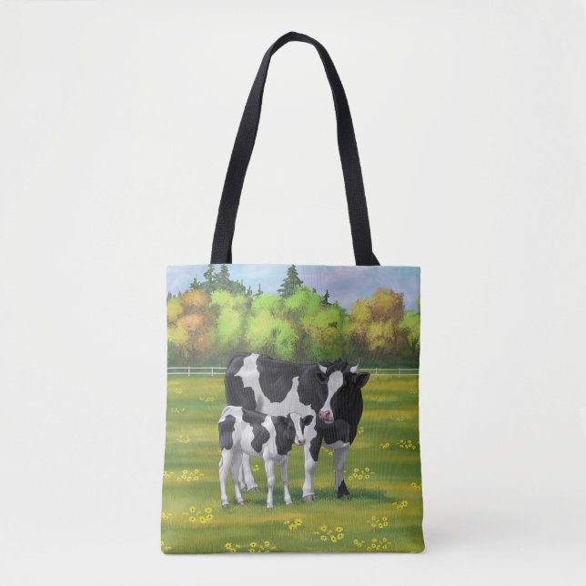 Tote Bag Vache Holstein et veau mignon en pâturage d'été (Devant)