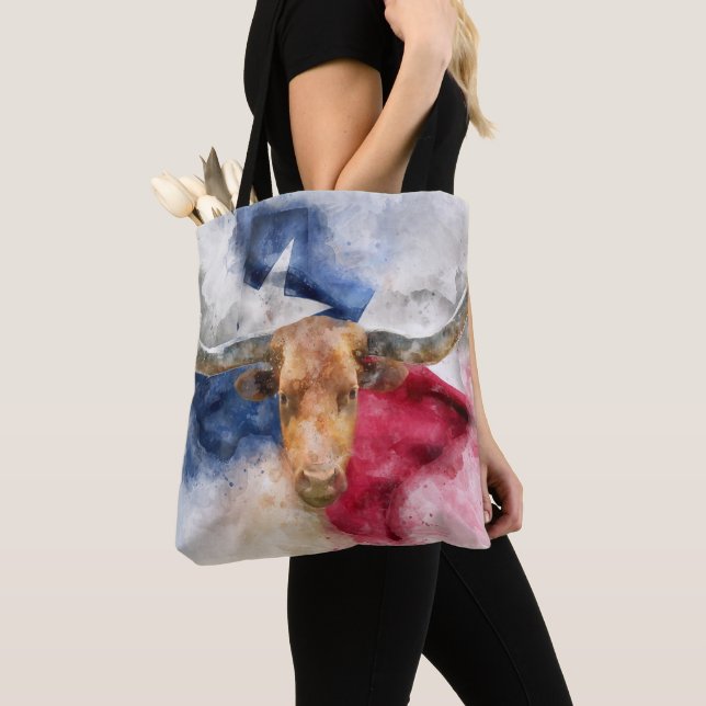 Tote Bag Vache Longhorn avec Texas Drapeau Carte Aquarelle (De près)