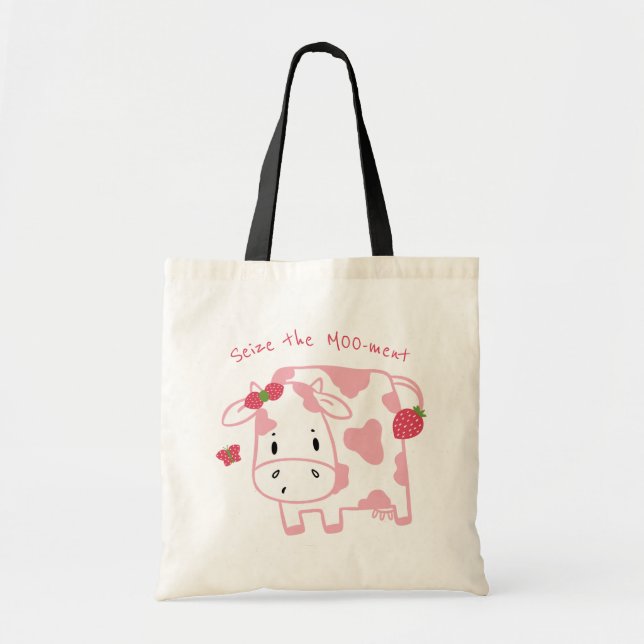 Tote Bag Vache mignonne aux fraises | Saisir la Moo-ment (Devant)