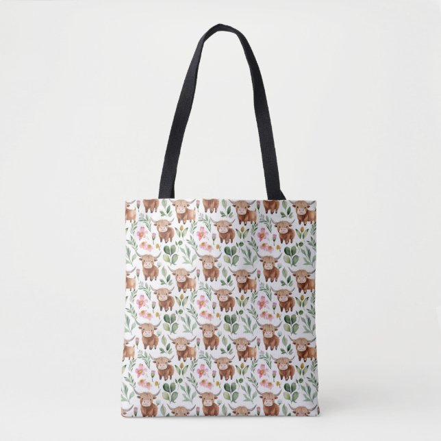 Tote Bag Vaches Highland et fleurs roses Motif Floral (Devant)