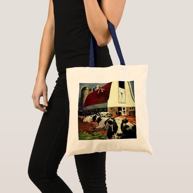Tote Bag Vaches laitières Holstein vintage dans l'entrepris (Devant (produit))