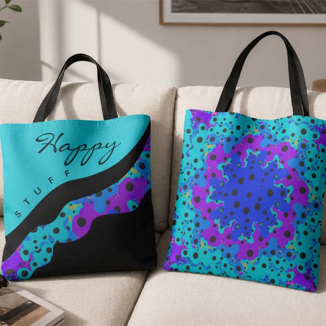 Tote Bag Vague Moderne Noir et Violet (Teal, purple and blue with black dots and custom words make this bag fun to carry around anywhere.)