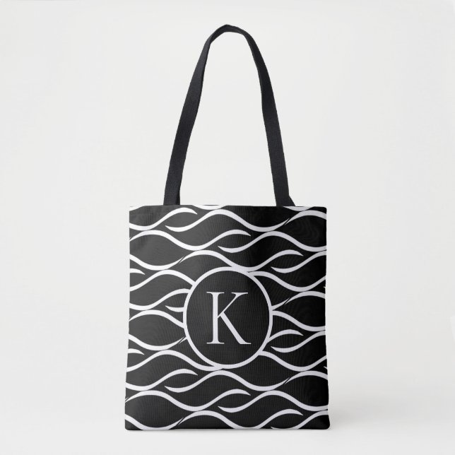 Tote Bag Vague noire et blanche avec Monogramme personnalis (Devant)