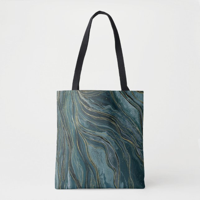 Tote Bag Vagues aquarelles abstraites bleu sarcelle or (Devant)