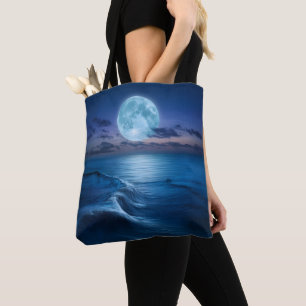 Tote Bag Vagues de l'océan au clair de lune avec pleine lun