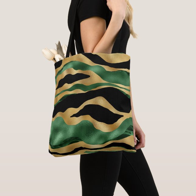 Tote Bag Vagues de Parties scintillant noire en or vert (De près)