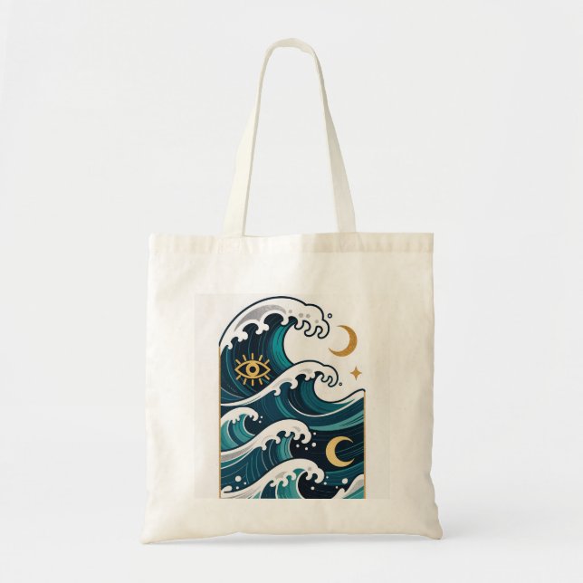 Tote Bag Vagues et lune avec œil (Devant)