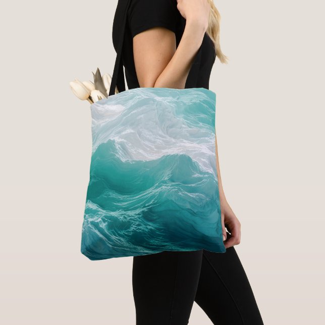 Tote Bag Vagues océaniques sarcelle abstraites  (De près)