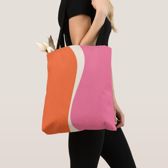 Tote Bag Vagues simples 2 en rose, orange et crème (De près)