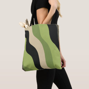 Tote Bag vagues, vert, noir et beige courbes colorées