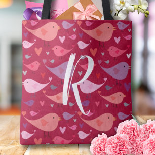 Tote Bag Valentines Coeurs Oiseaux rose Rouge élégant Monog