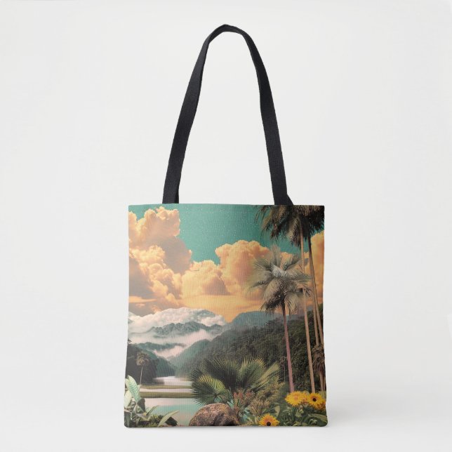 Tote Bag Vallée tropicale surréaliste avec palmiers (Devant)
