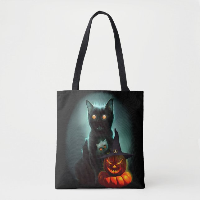 Tote Bag Vampire Chat et Assistant Citrouille Halloween Sur (Devant)