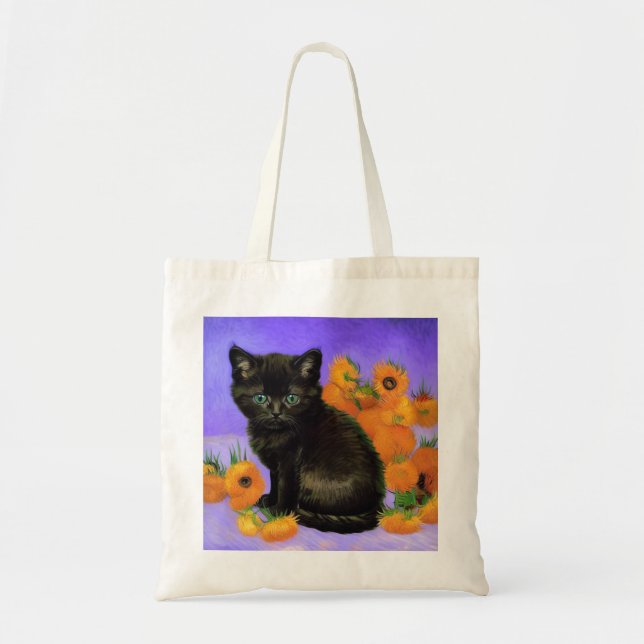 Tote Bag Van Gogh Kitten noir avec des tournesols (Devant)