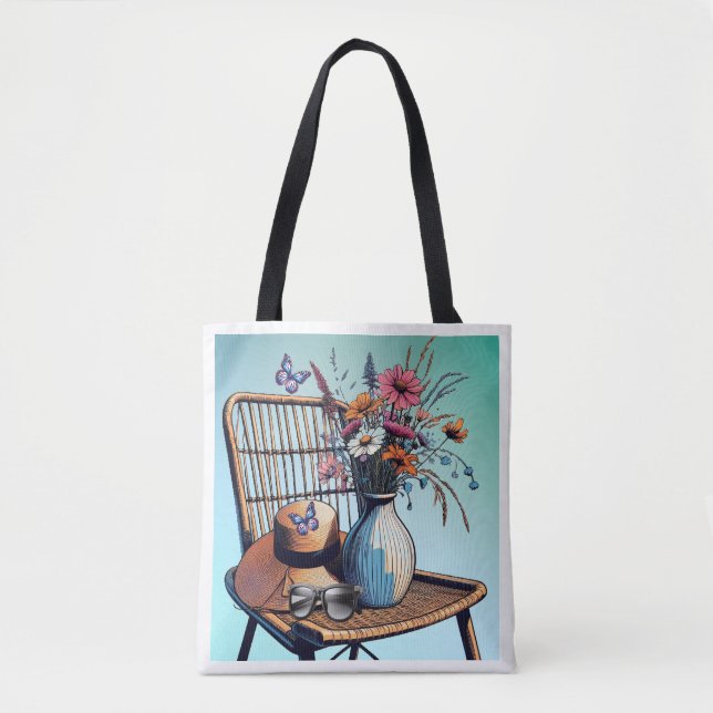 Tote Bag Vannerie et Fleurs Ambiance Été (Devant)