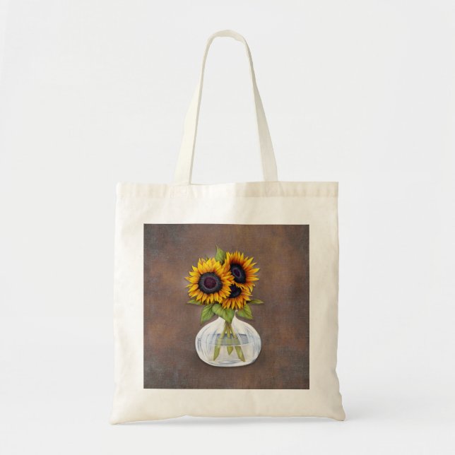 Tote Bag Vase de tournesols sur brun rustique (Devant)