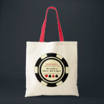 Tote Bag Vegas Casino Poker Chip Black Off-White Anniversai<br><div class="desc">Ce sac fourre-tout de puces de poker noir et blanc cassé ferait un cadeau parfait pour vos invités d'anniversaire à porter à travers la nuit de jeu. Personnalisez le design avec votre nom et votre date de naissance # en noir au centre,  et votre texte en rouge au dessus.</div>