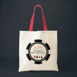 Tote Bag Vegas Casino Poker Chip Noir Blanc Anniversaire<br><div class="desc">Ce sac fourre-tout de puces de poker noir et blanc ferait un cadeau parfait pour vos invités d'anniversaire à passer la nuit de jeu ou un week-end à Las Vegas. Personnalisez le design avec votre nom et votre date de naissance # en noir au centre, et votre texte en rouge...</div>