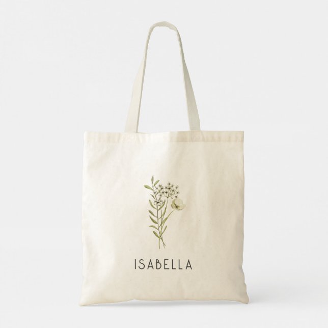 Tote Bag Végétal Nom Personnalisé Floral Minimal Moderne (Dos)