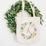 Tote Bag Végétation floue Fer Wreath Bridesmaid Initial<br><div class="desc">Le design personnalisé du sac fourre-tout comprend un monogramme initialement encadré par une élégante couronne d'aquarelle fleurie qui comprend une végétation peinte avec des roses, des fleurs de ranunculus et des feuilles dans des tons neutres de blanc, crème, rose roux, or et vert. Fait un grand cadeau pour votre mariage...</div>