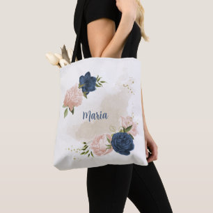 Tote Bag végétation marine et fleurs roses rousses