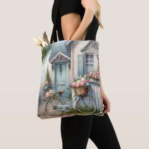 Tote Bag Vélo de chalet bleu avec panier à fleurs de printe