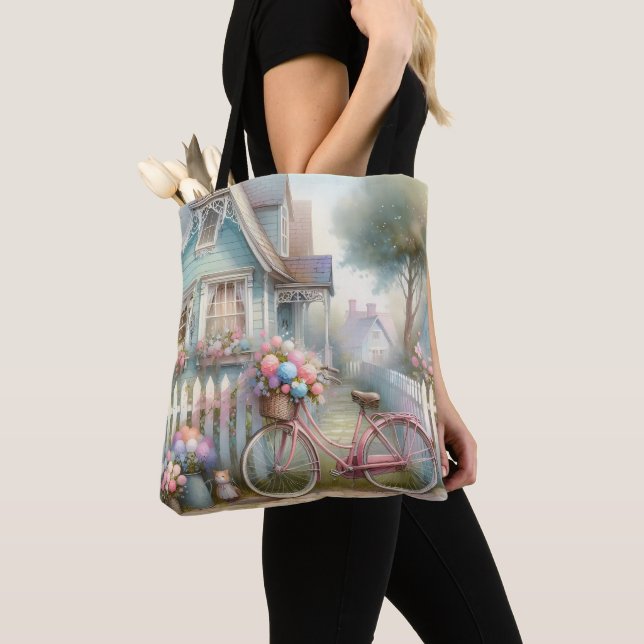 Tote Bag Vélo rose à Blue Cottage Gate (De près)