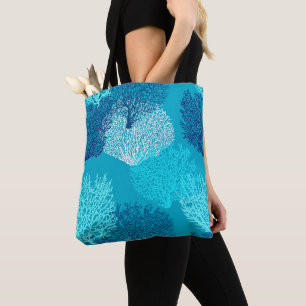 Tote Bag Ventilateur Coral Imprimer, Turquoise, Aqua et Ble