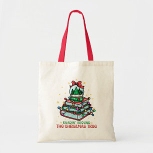 Tote Bag Ver de livre qui lit autour de l'arbre de Noël