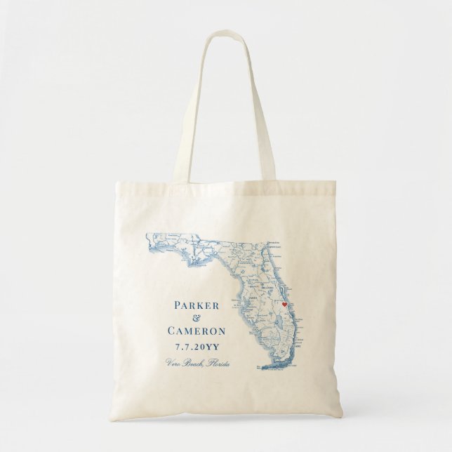 Tote Bag Vero Beach FL Map Elégant Marine Blue Wedding Favo (Devant)