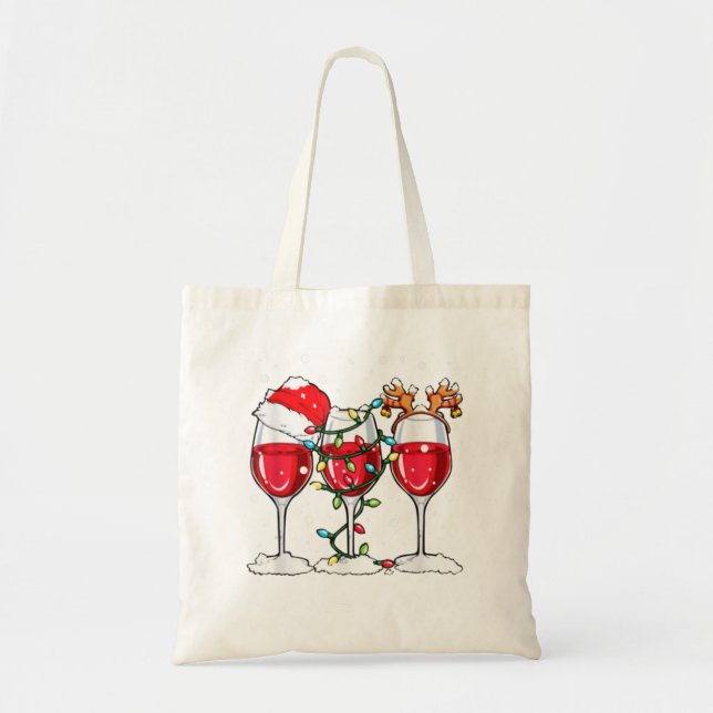 Tote Bag Verre à vin Noël Santa Hat Reindeer Funny Chri (Devant)