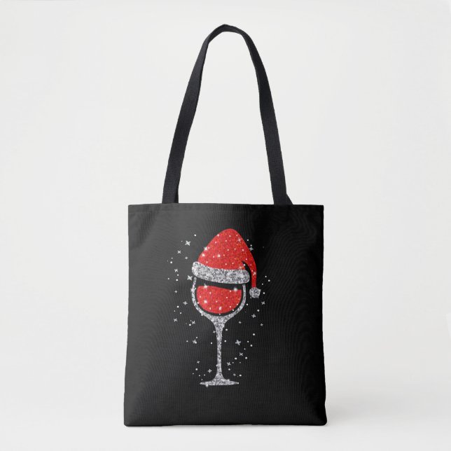 Tote Bag Verre de Noël Snowflakes Santa Hat Red Wine (Devant)