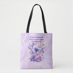 Tote Bag Verset biblique et papillon sur marbre violet