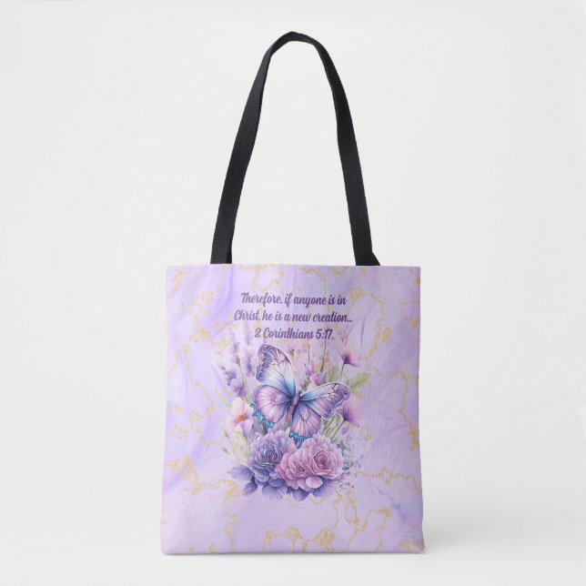 Tote Bag Verset biblique et papillon sur marbre violet (Devant)
