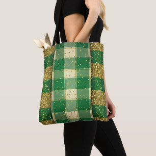TOTE BAG VERT AVEC MOTIF À CARREAUX IRLANDAIS PAILLETÉ OR