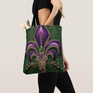 TOTE BAG VERT AVEC PURPLE MARDI GRAS FLEUR DI LIS