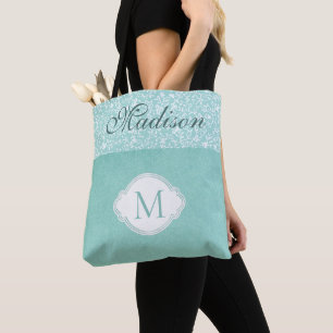 Tote Bag Vert blanc floral Pastel tendance Monogramme