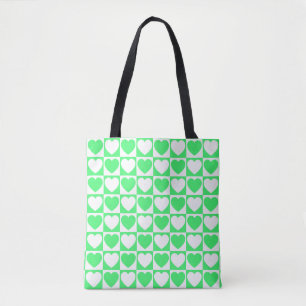 Tote Bag Vert clair et À damiers blanc aux coeurs