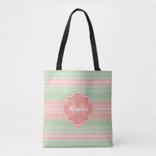 Tote Bag Vert clair girly tricoté avec rayures rose corail