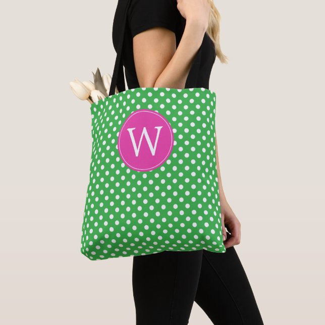 Tote Bag Vert et Blanc à pois avec monogramme rose (De près)