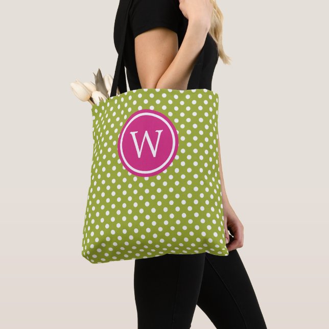 Tote Bag Vert et blanc à pois avec monogramme rose (De près)